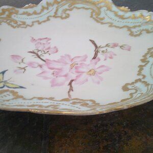 Antique Hand Painted Limoges Porcelain Plate Pink & Butterflies and Gold Trim
